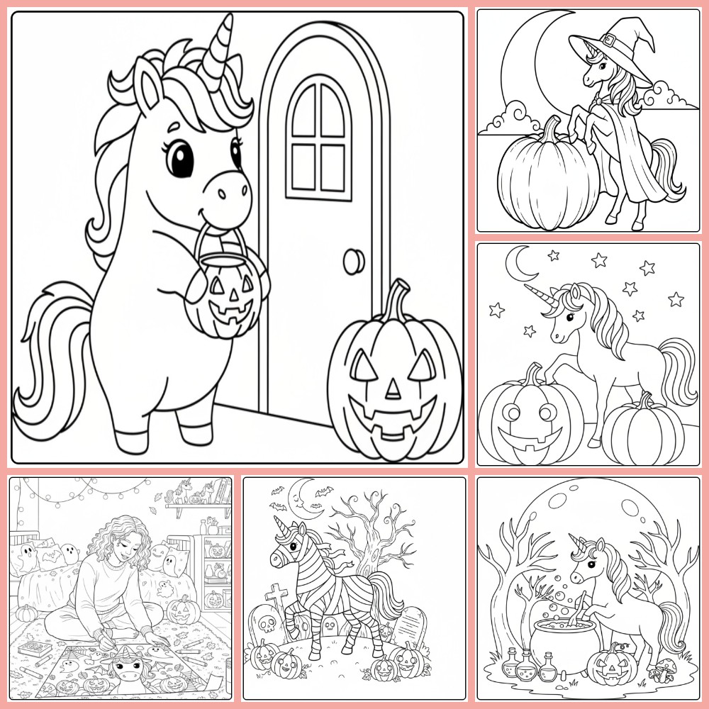 Gratis unicorn halloween kleurplaat om te printen PDF 