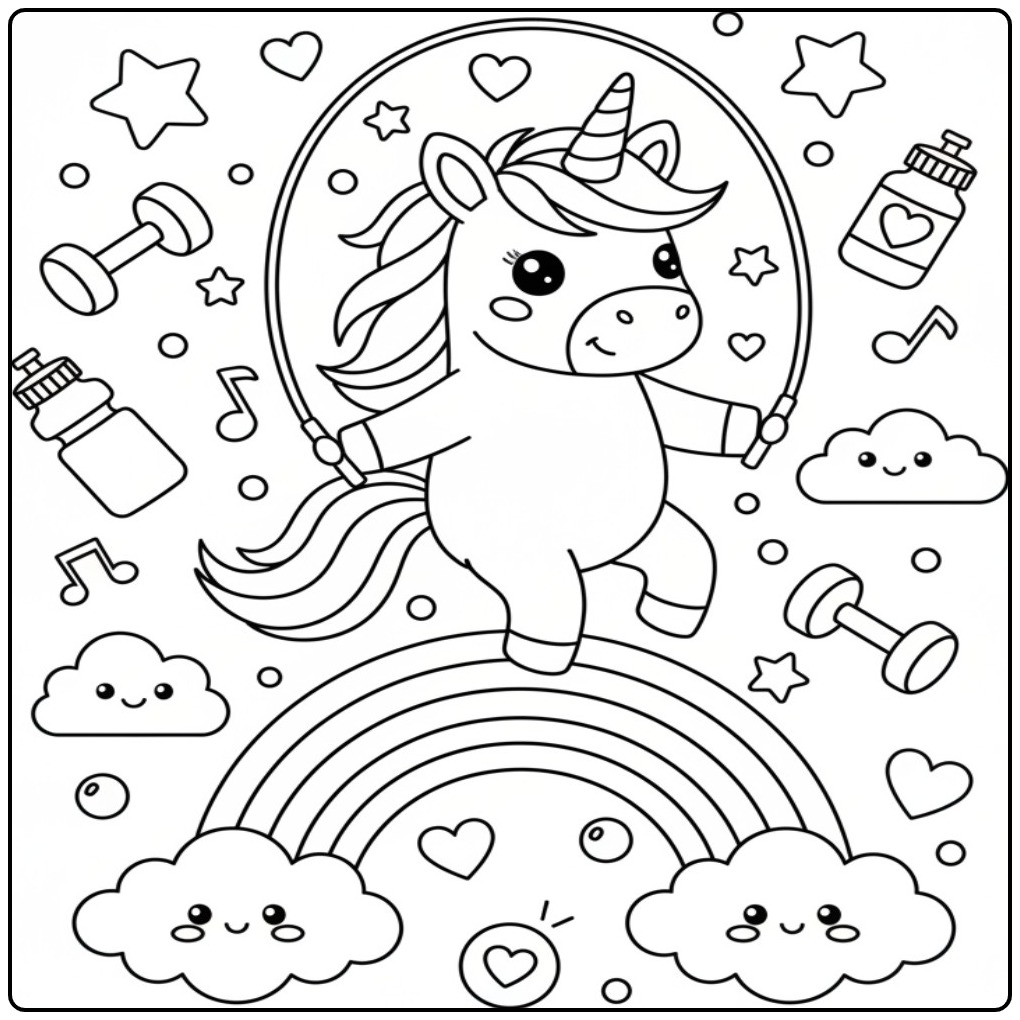 Een sportieve kleurplaat unicorn regenboog die touwtje springt.