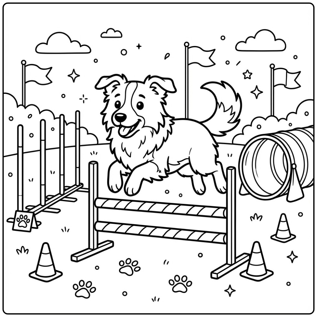 Een vrolijke kleurplaat border collie springt over een hindernis.