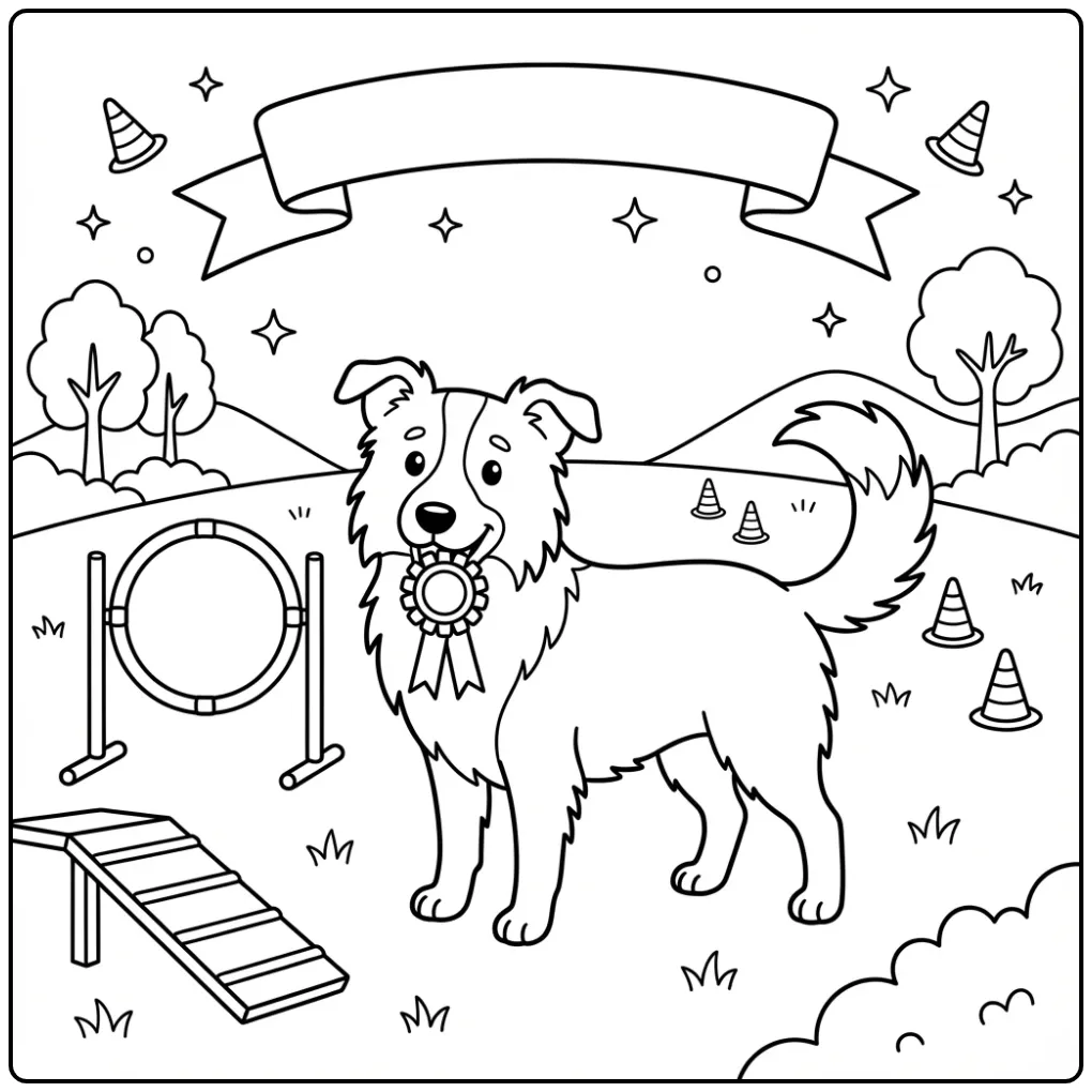 Leuke kleurplaat hond makkelijk met een Border Collie en prijs.