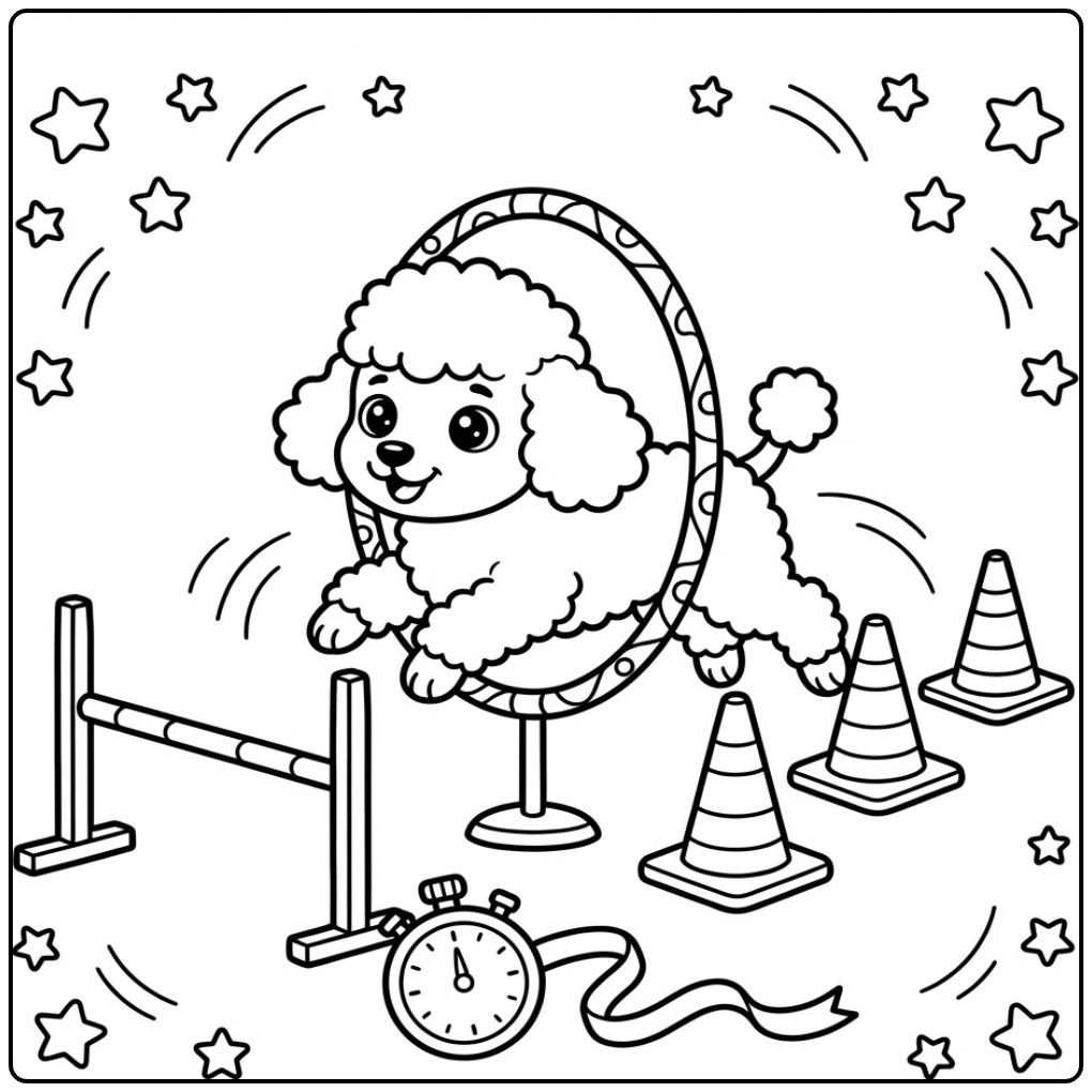 Een vrolijke kleurplaat poedel springt door een hoepel.