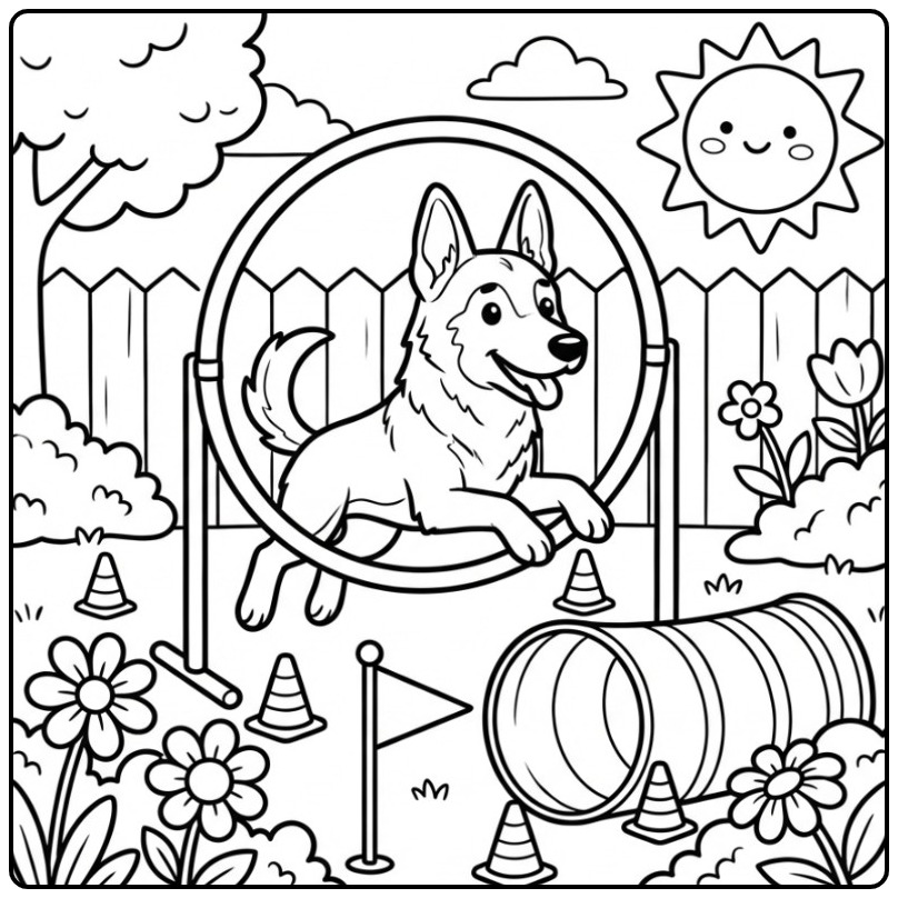 Vrolijke kleurplaat mechelse herder die door een hoepel springt.