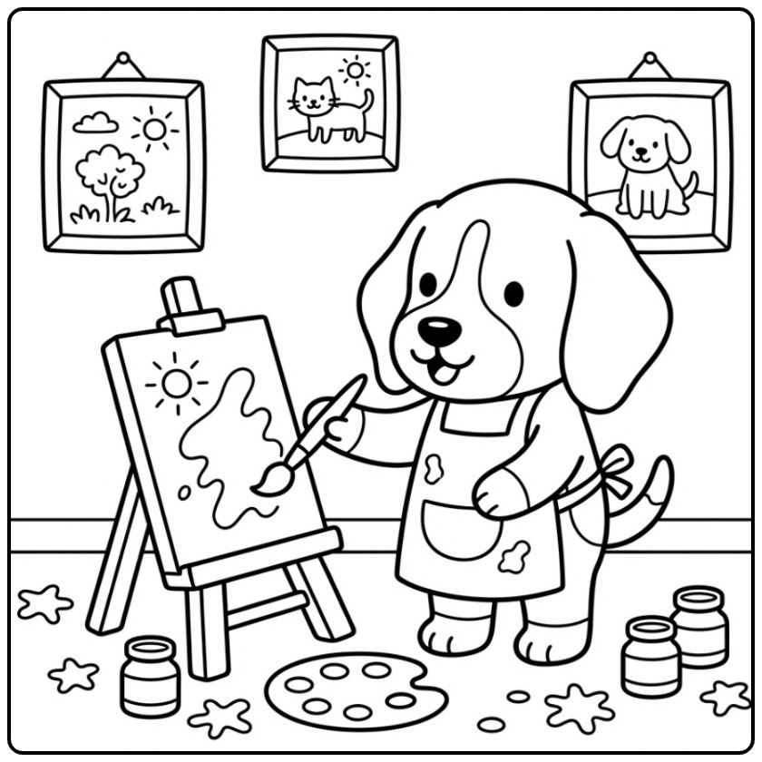 Een schattige kleurplaat beagle die een schilderij maakt