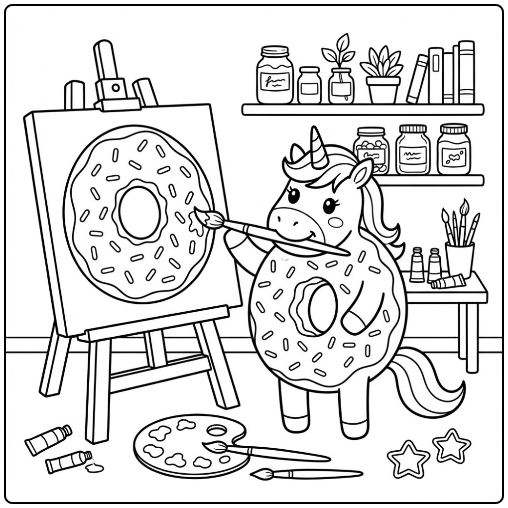 Schattige kleurplaat donut unicorn die een schilderij maakt.