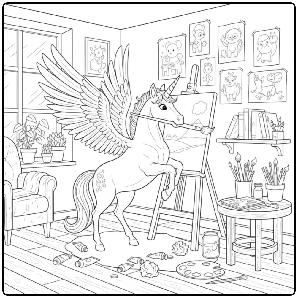 Leuke kleurplaat eenhoorn met vleugels in een schilderatelier.