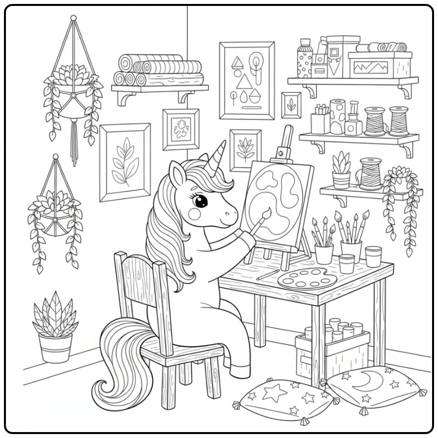 Een creatieve kleurplaat eenhoorn schattig aan het schilderen.