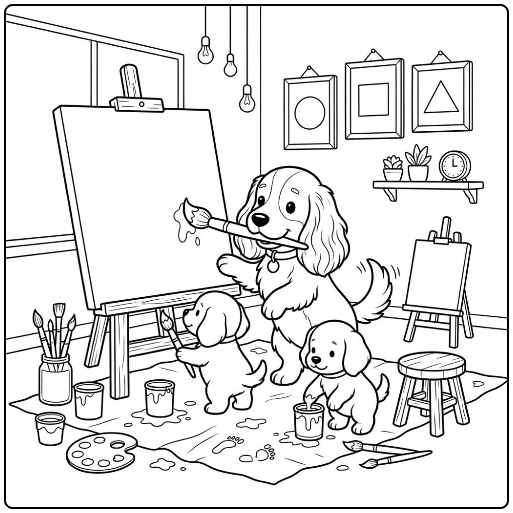 Schattige kleurplaat honden puppies en spaniel die schilderen