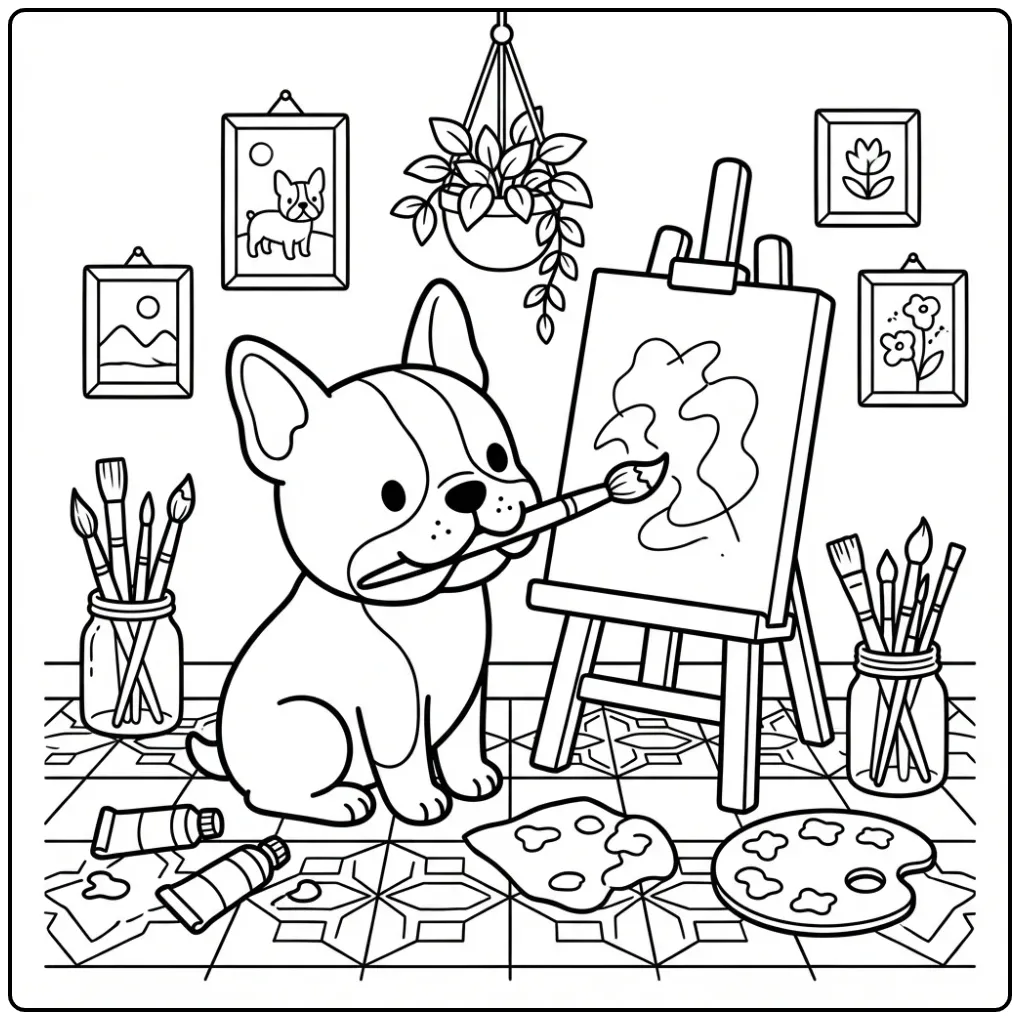 Een gedetailleerde kleurplaat puppy moeilijk in een atelier.