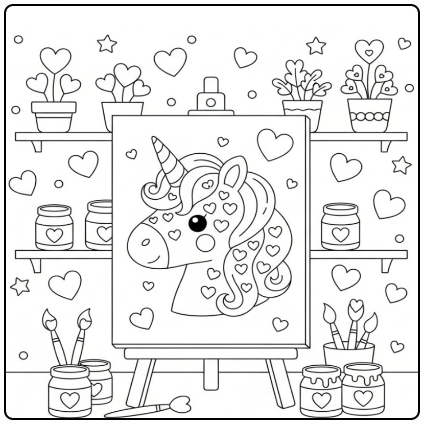 Een schattige Kleurplaat unicorn hoofd met hartjes op een ezel.