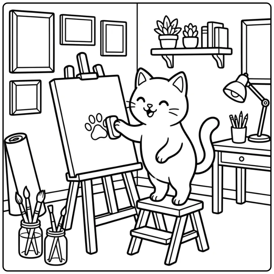 Schattige kat kleurplaat met een schilderende poes.