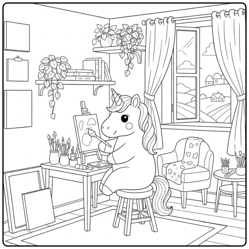 Een schilderende unicorn kleurplaat makkelijk in een studio.