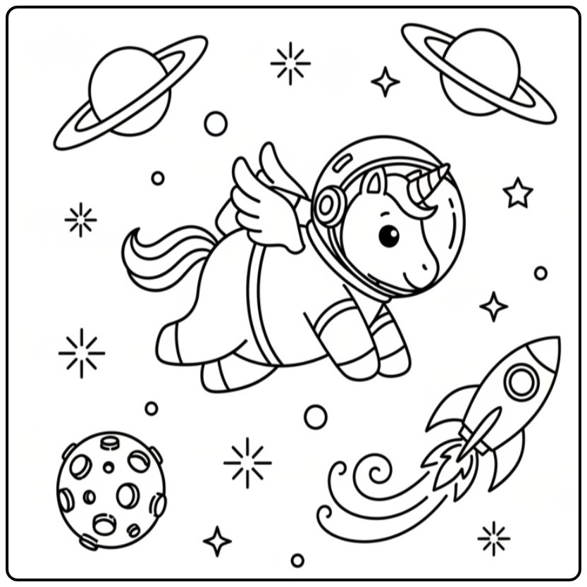 Een schattige baby unicorn kleurplaat in de ruimte met een raket.