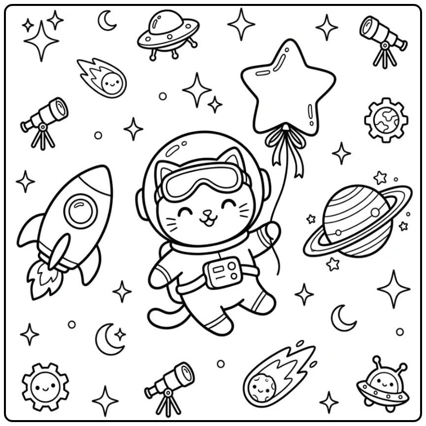 Ruimte kleurplaat kawaii kat met raket en sterrenballon