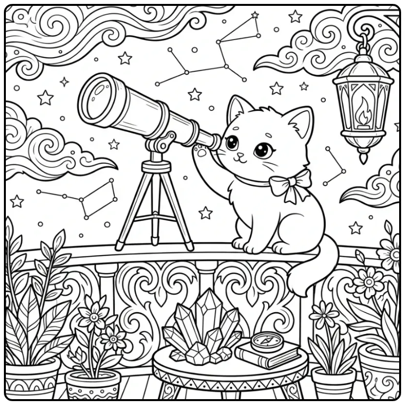 Kleurplaat kitten moeilijk met een telescoop en sterren.