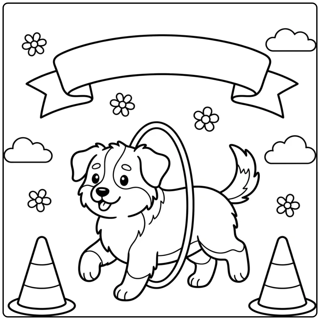 Schattige puppy kleurplaat makkelijk agility training.