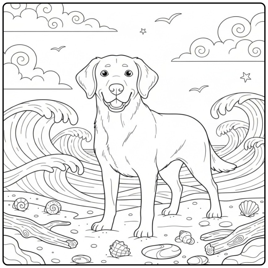 Trotse retriever aan de kust, een kleurplaat hond moeilijk.