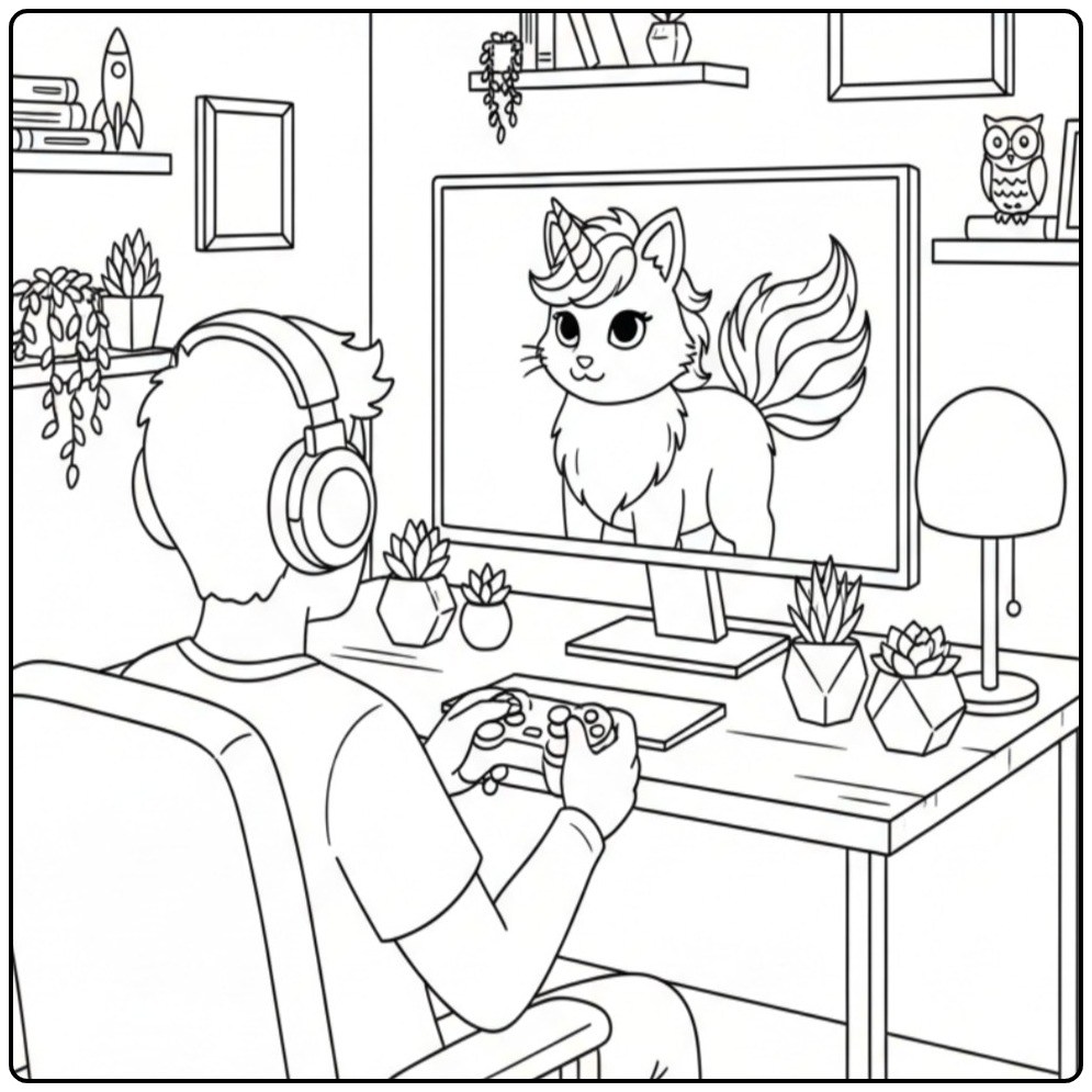 Een gamer speelt een computerspel met een unicorn kat kleurplaat.