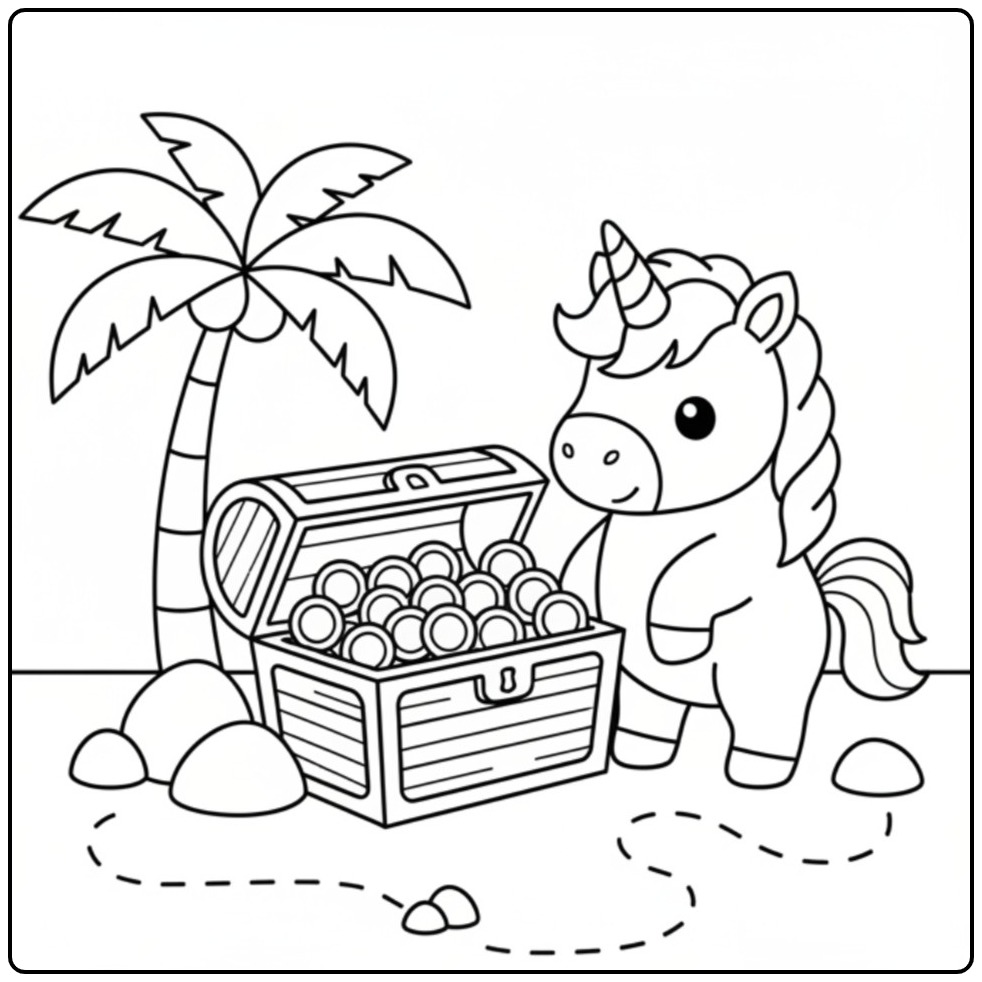 Een schattige baby unicorn kleurplaat met een schatkist.