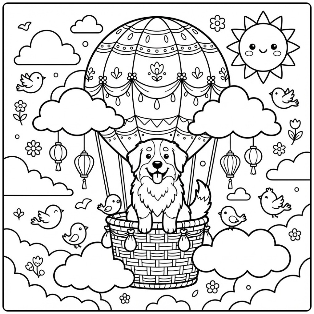 Lieve berner sennen kleurplaat in een vrolijke luchtballon.