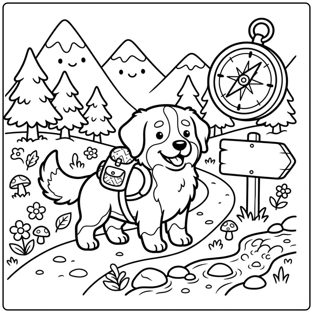 Schattige berner sennen kleurplaat van een pup op wandelpad.