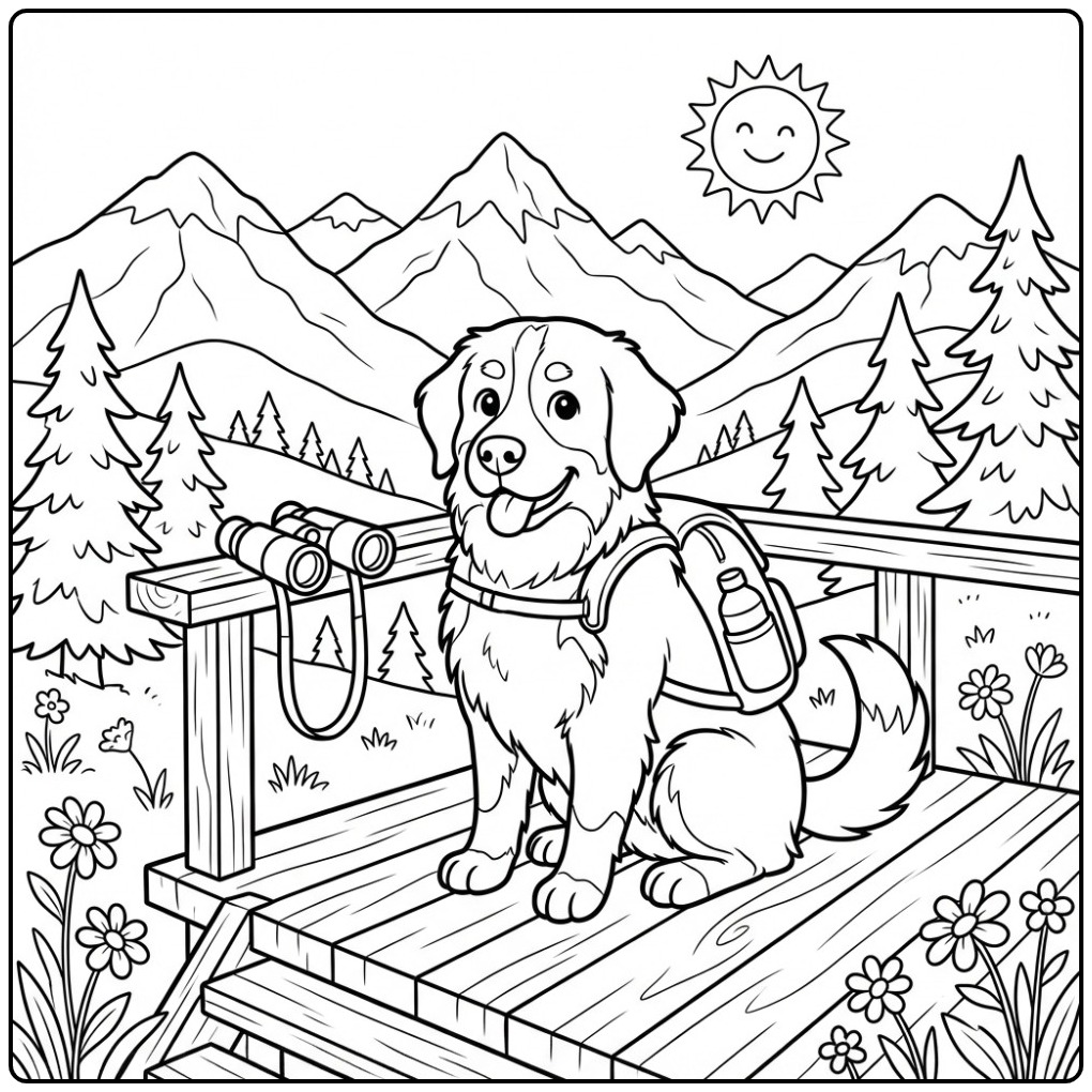 Een vrolijke berner sennen kleurplaat in een berglandschap.