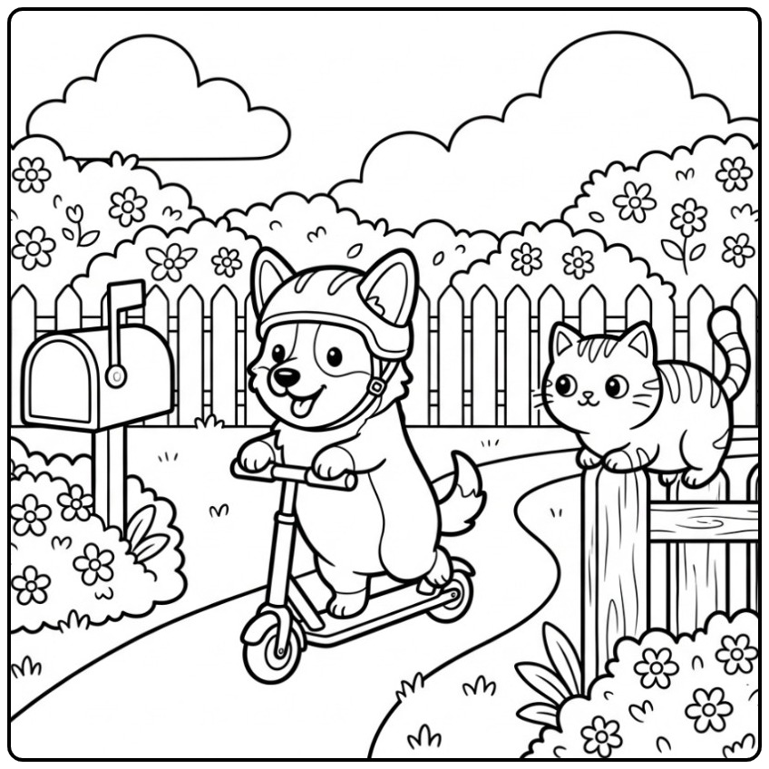 Een vrolijke corgi kleurplaat met een step en een kat.