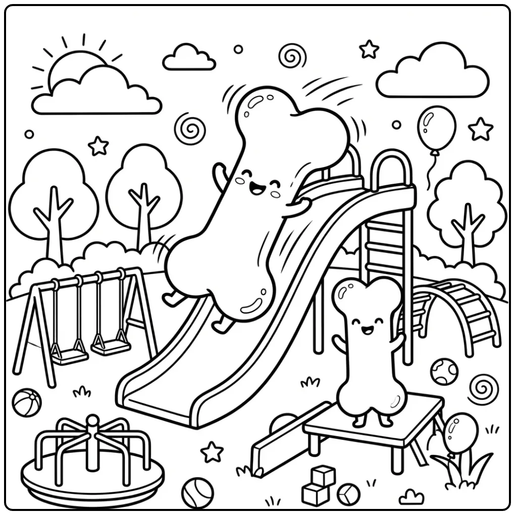 Vrolijke hondenbot kleurplaat in een leuke speeltuin.