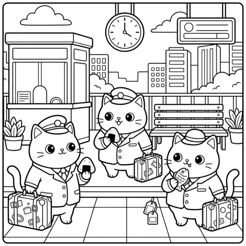 Schattige katten kleurplaat met koffers op het treinstation.