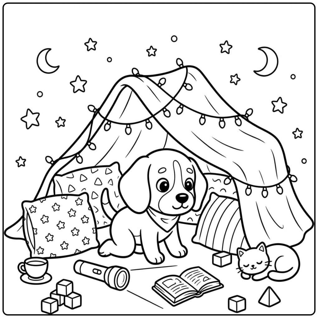 Een gezellige kleurplaat beagle in een tent met een katje.
