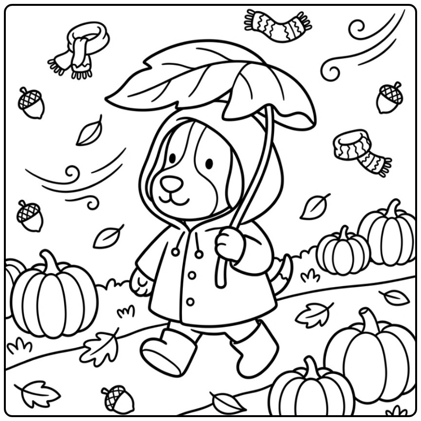 Vrolijke kleurplaat beagle met een regenjas in de herfstwind.