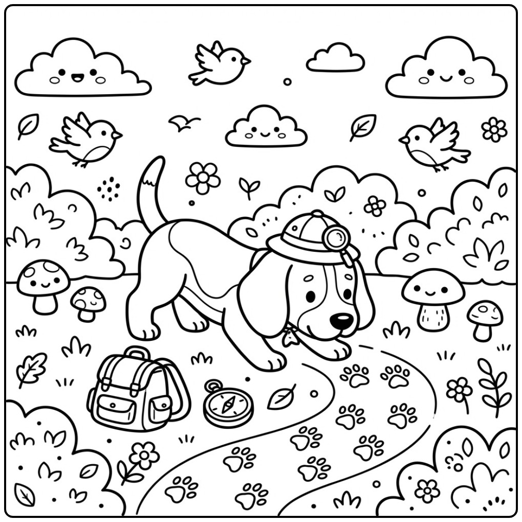 Schattige avontuurlijke kleurplaat beagle met een rugzak.