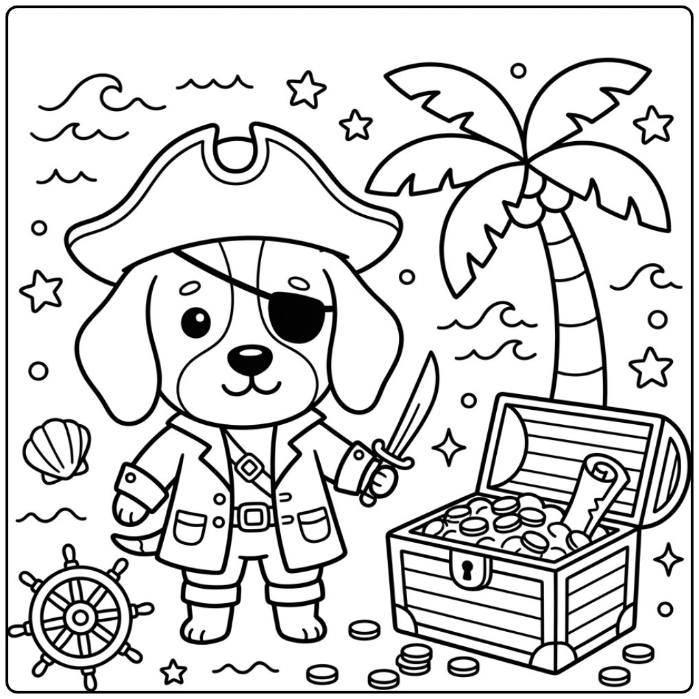Een schattige kleurplaat beagle als piraat met een schatkist.