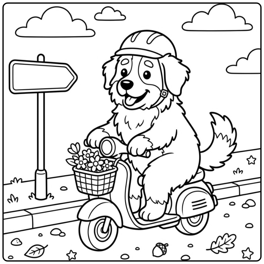 Een vrolijke kleurplaat berner sennenhond op een scooter.
