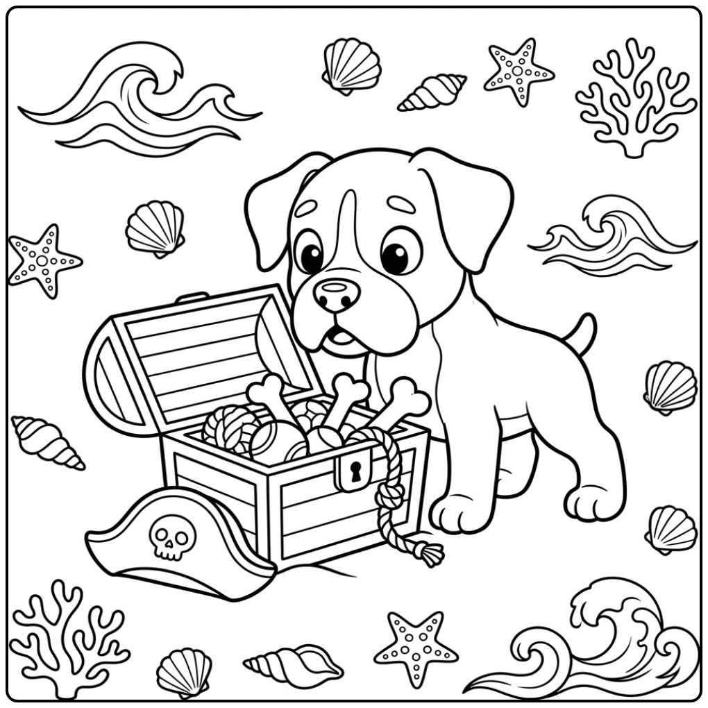 Leuke kleurplaat boxer hond met een piraten schatkist vol botten.