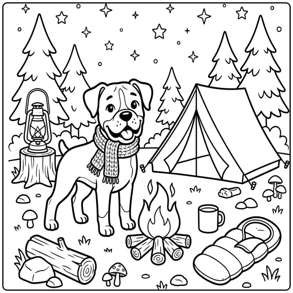 Gezellige kleurplaat boxer hond bij een kampvuur in het bos.