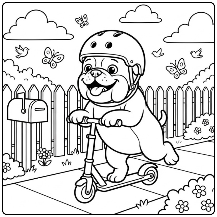 Een vrolijke kleurplaat bulldog op een step met een helm op.