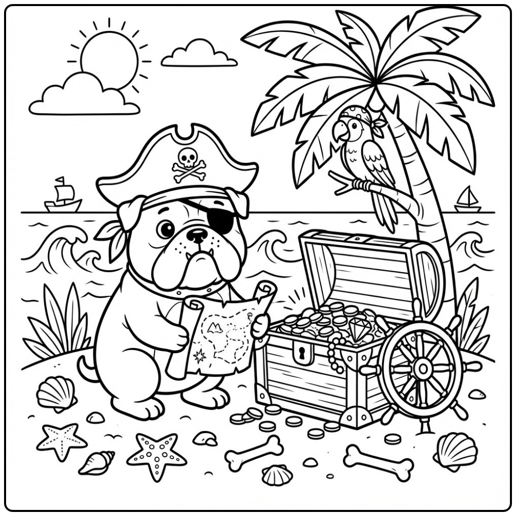 Een stoere piraat op deze leuke kleurplaat bulldog op het strand.