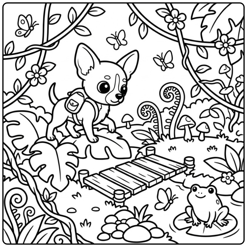 Leuke kleurplaat chihuahua op avontuur in de jungle met een kikker.