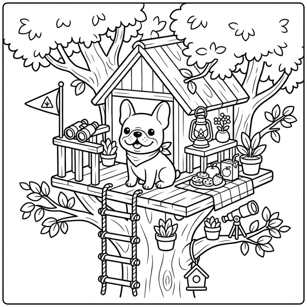Leuke kleurplaat franse bulldog in een coole boomhut.