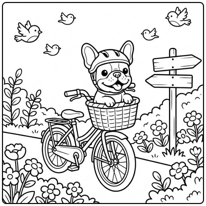 Vrolijke kleurplaat franse bulldog in een fietsmand met helm.