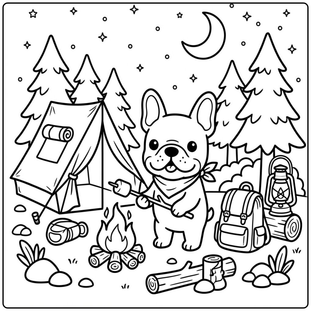 Schattige kleurplaat franse bulldog die kampeert in het bos.