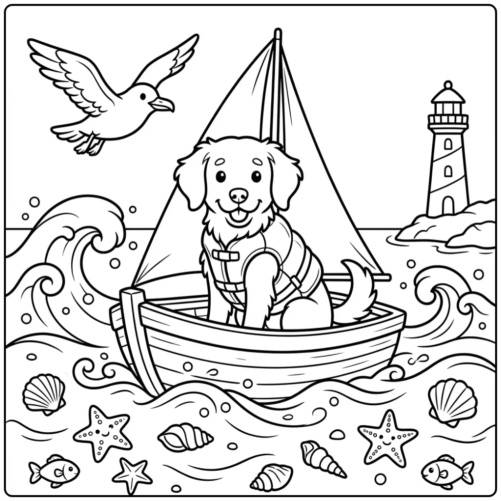 Schattige kleurplaat friese stabij met reddingsvest op boot.