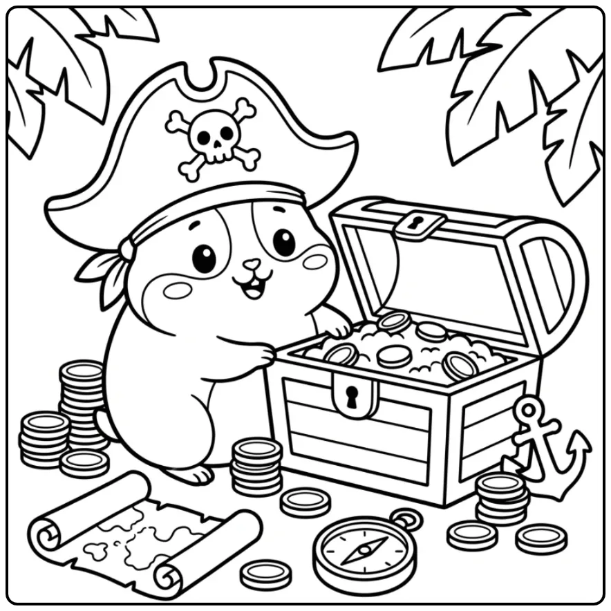 Een kleurplaat hamster schattig als piraat met een schatkist.