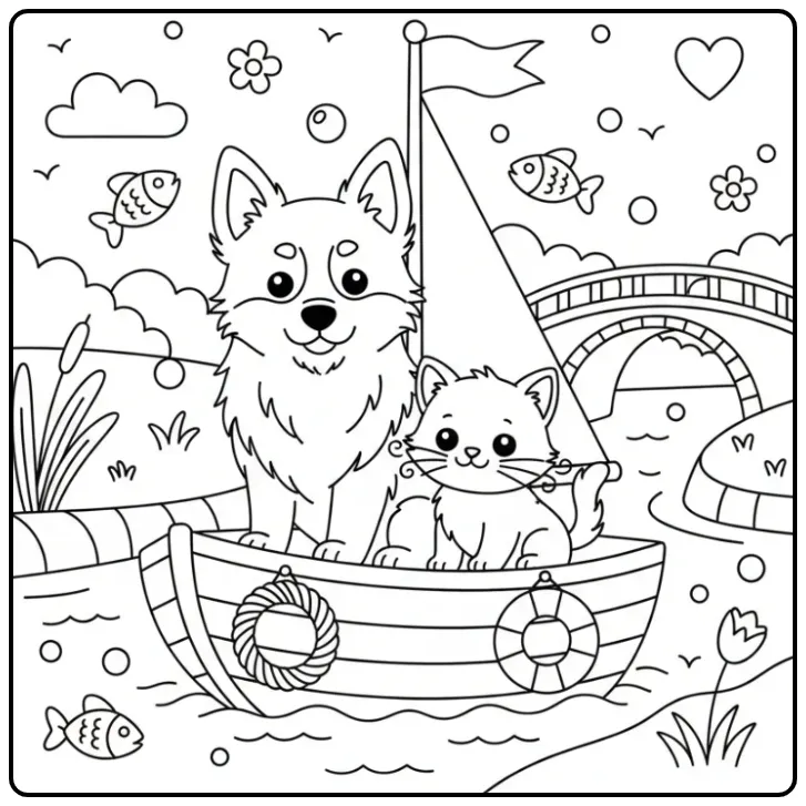 Een schattige kleurplaat hond en kat op een zeilbootje.