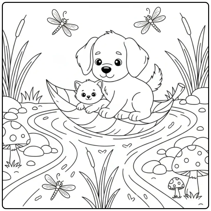 Schattige kleurplaat hond en kat die samen in een blad varen.