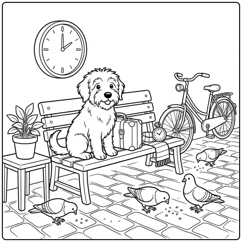 Een schattige kleurplaat hond volwassenen op een stationsbank.