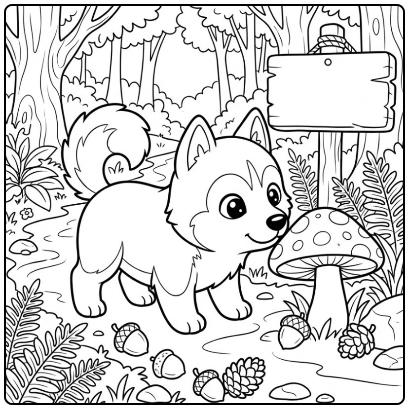 Een leuke kleurplaat husky die een grote paddenstoel besnuffelt.