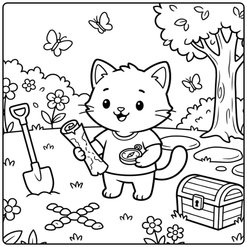 Schattige kleurplaat kat makkelijk met schatkaart en kompas.