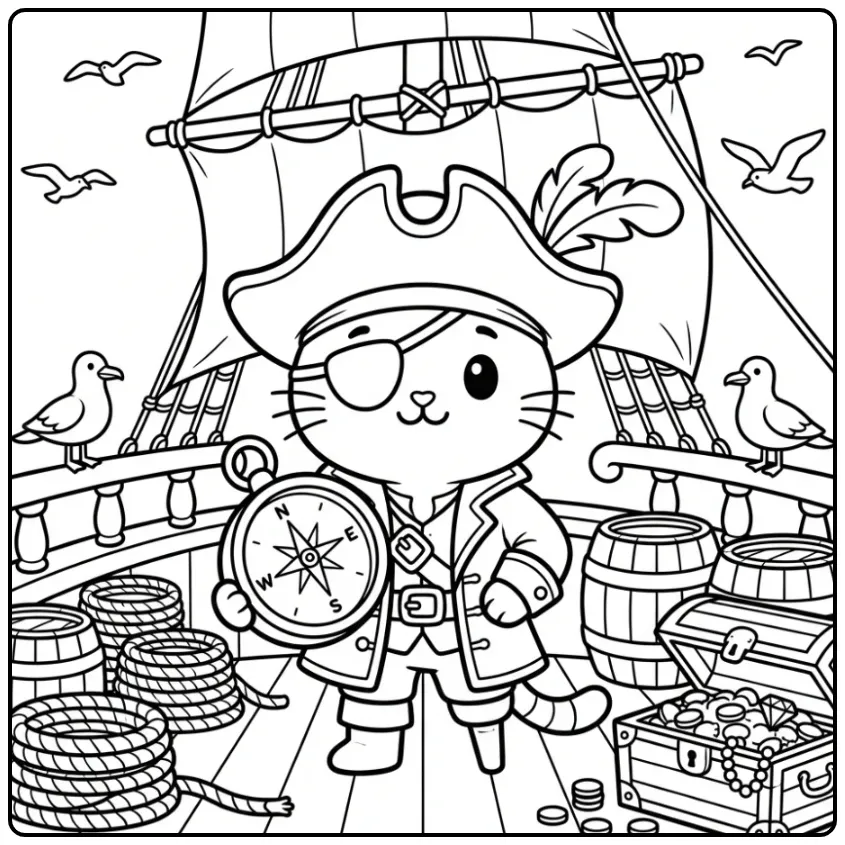 Piraat kapitein met kompas op kleurplaat kat moeilijk.