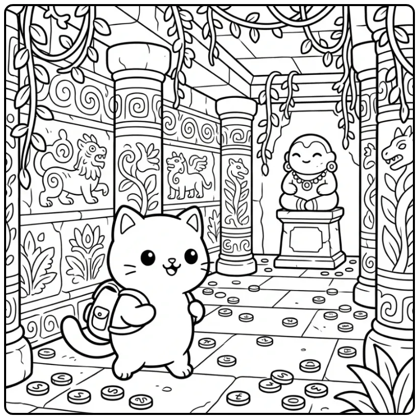 Gedetailleerde kleurplaat kat moeilijk in een oude tempel.